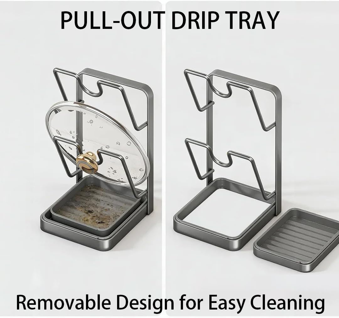 Kitchen Pot Lid Storage Rack, Pot Lid Holder While Cooking, Pots Lids Organizer Rack, Double Lids Holder and Spoon Rest (Gray)