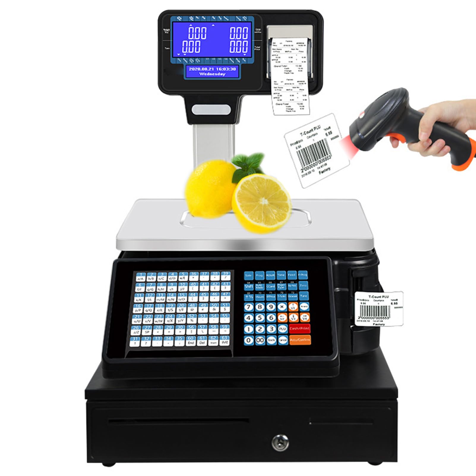 HADECOLL Digital Counting Scale With Thermal Label Printer, Commercial Weighing Table For Food Retail, 66Lbs Capacity, Price Computing For Supermarkets And Stores,Machine-Scanner-Cashbox