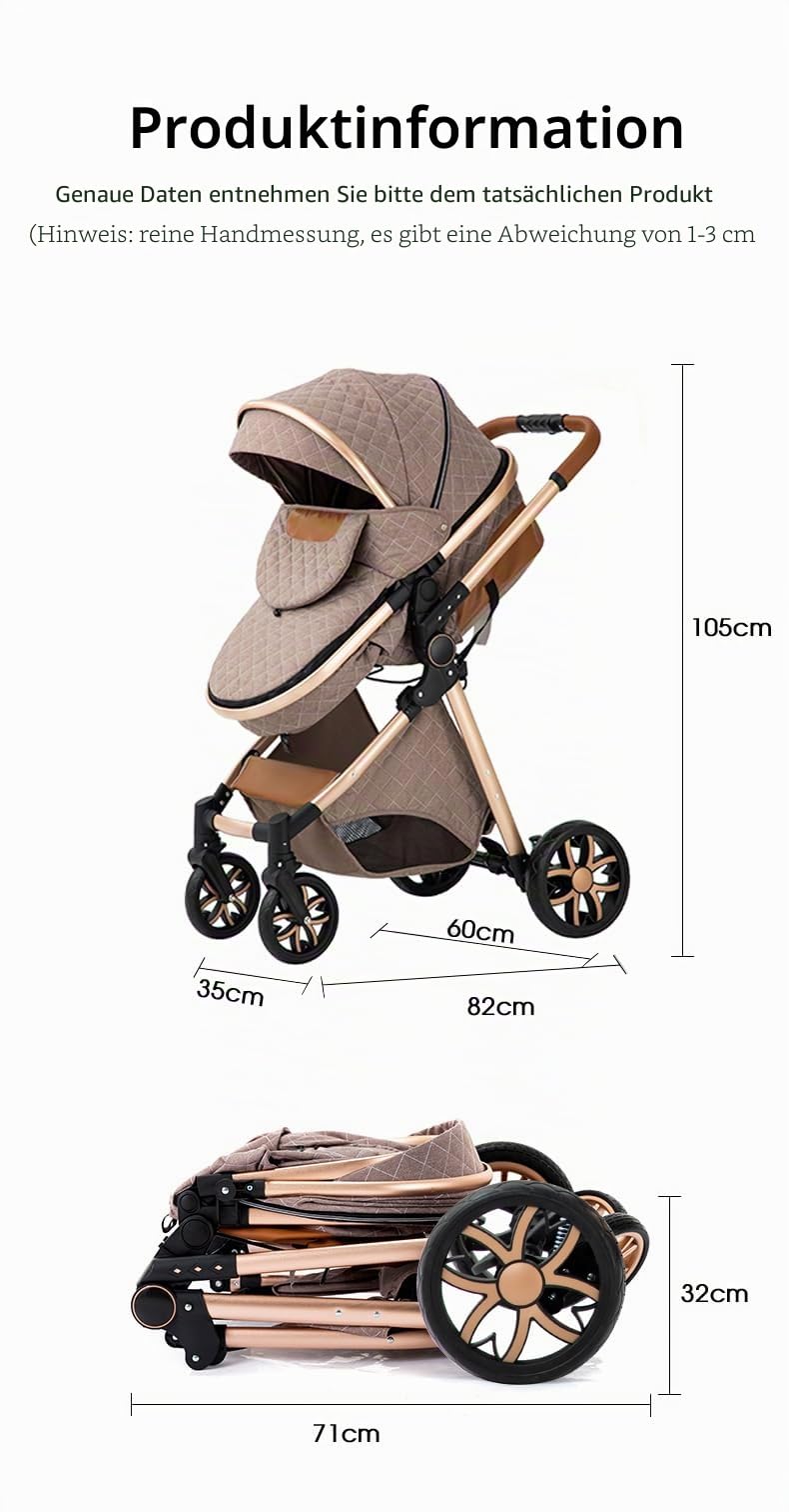 YAZOCO kinderwagen 3 in 1, Zusammenklappbar kinderwagen mit Wickeltasche,Komplettset Becherhalter,Moskitonetz, Fußabdeckung,Sitzzubehör (4 grau)