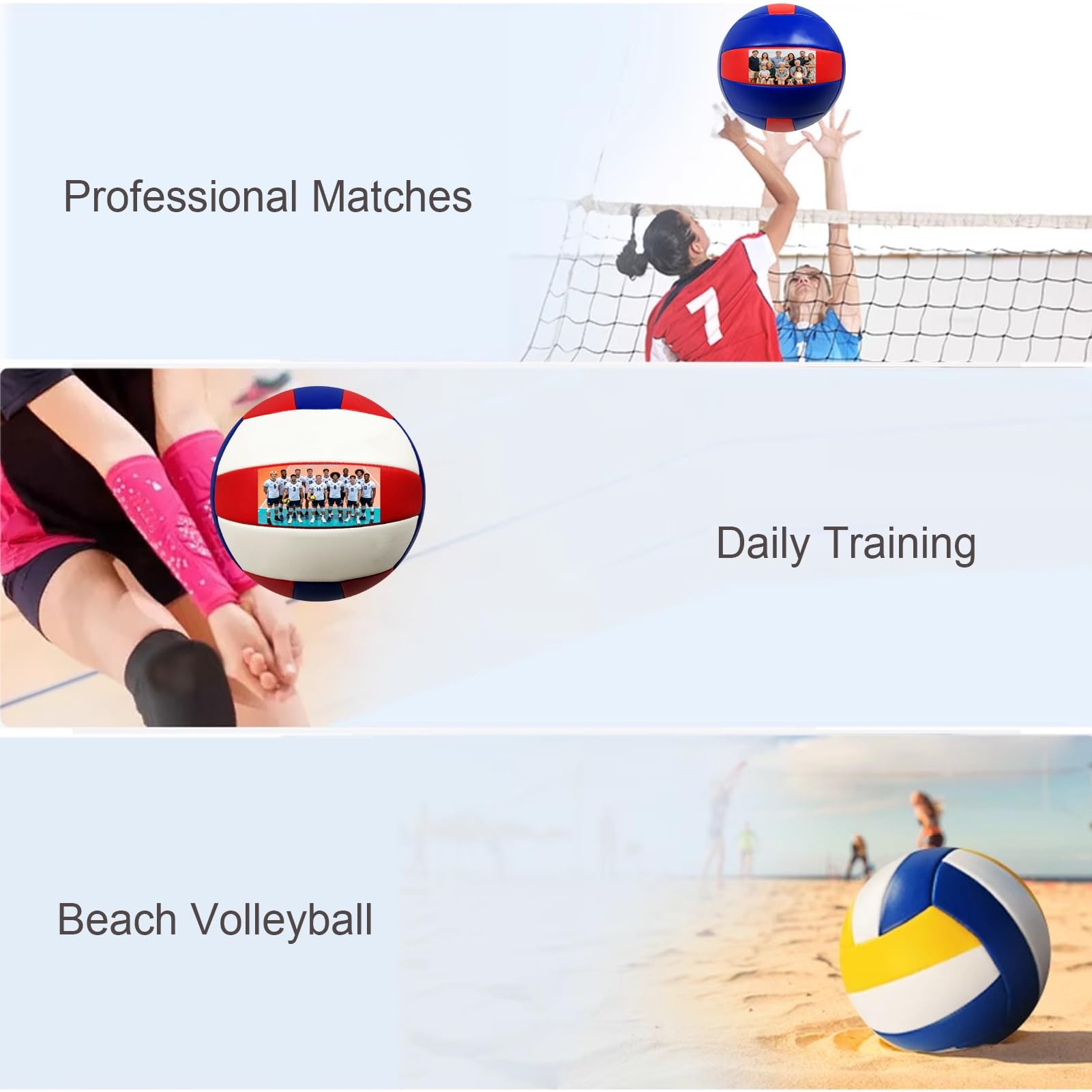 Ballons De Beach-Volley Personnalisés Souples, Taille Officielle 5 Ballon D'entraînement, PU Étanche Ballon De Volley avec Photo Texte pour Piscine Intérieure Et Extérieure(Red-Blue-Blue)