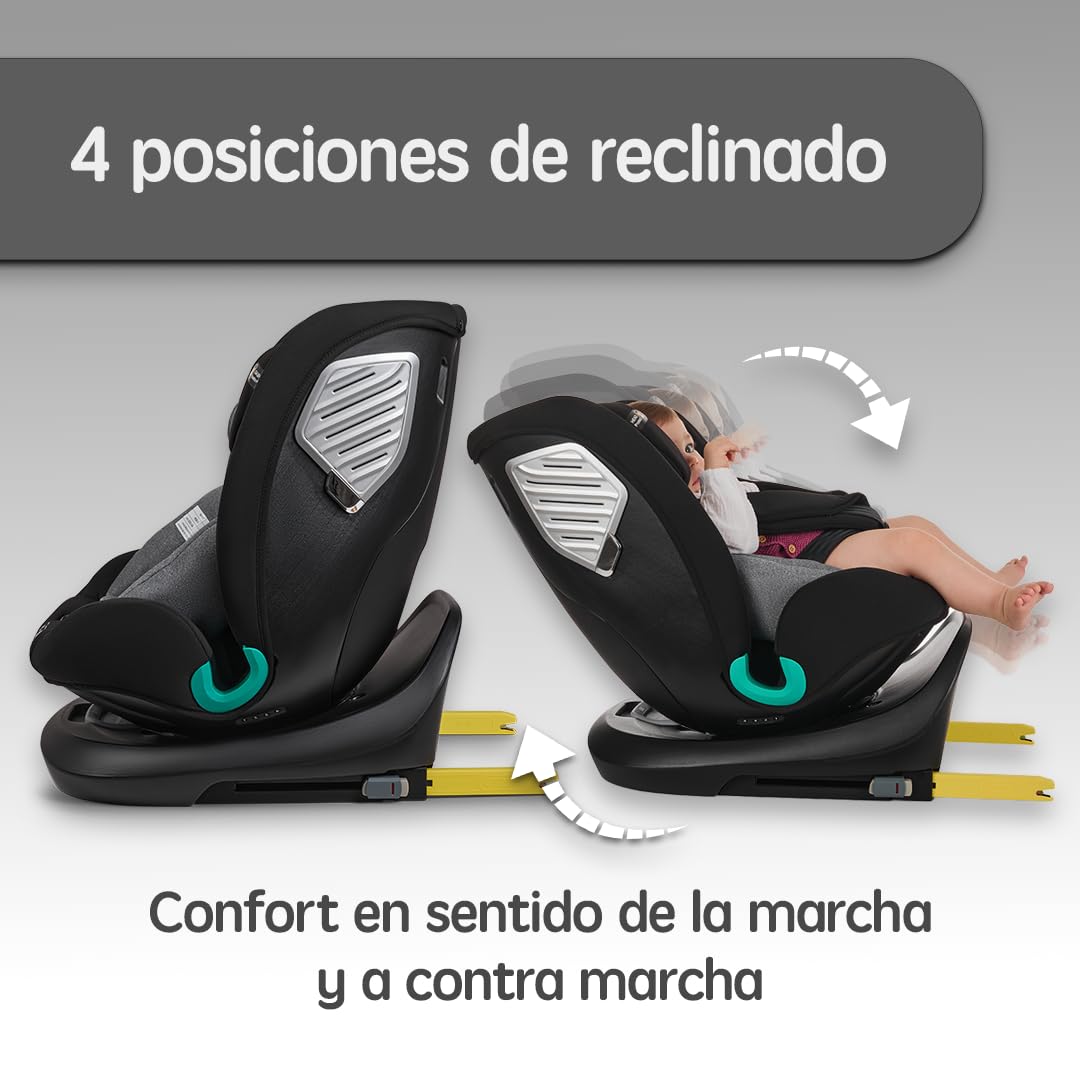 Toral Silla Coche Bebe Grupo 0 1 2 3 ISOFIX para niños de 40-150 cm (0 Meses-12 Años aprox.), base Giratoria 360, Normativa R129, Silla Bebe Coche con pata de apoyo, Color Negro, Modelo Imola+