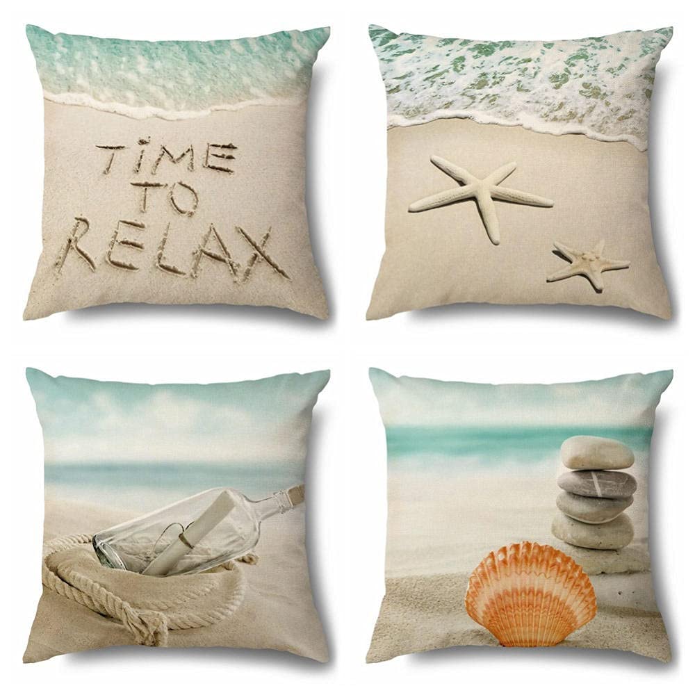 Federe per Cuscini, 4 Pack Cuscini Divano Fodera per Cuscino Quadrato Velluto Doppia Faccia Copricuscini Divano Soggiorno da Letto Decor 35x35cm(Conchiglie di stelle marine onde del mare spiaggia
