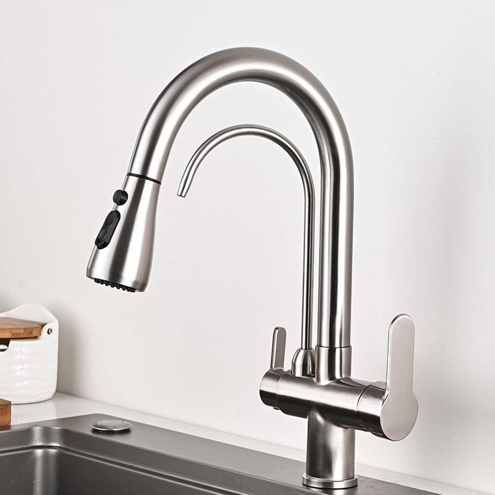 ZYCHSJXA 3 Way Kitchen Tap Pull Out Swivel Sink Taps Brass 2 Water Outlets Purified Hot and Cold Water-Brushed