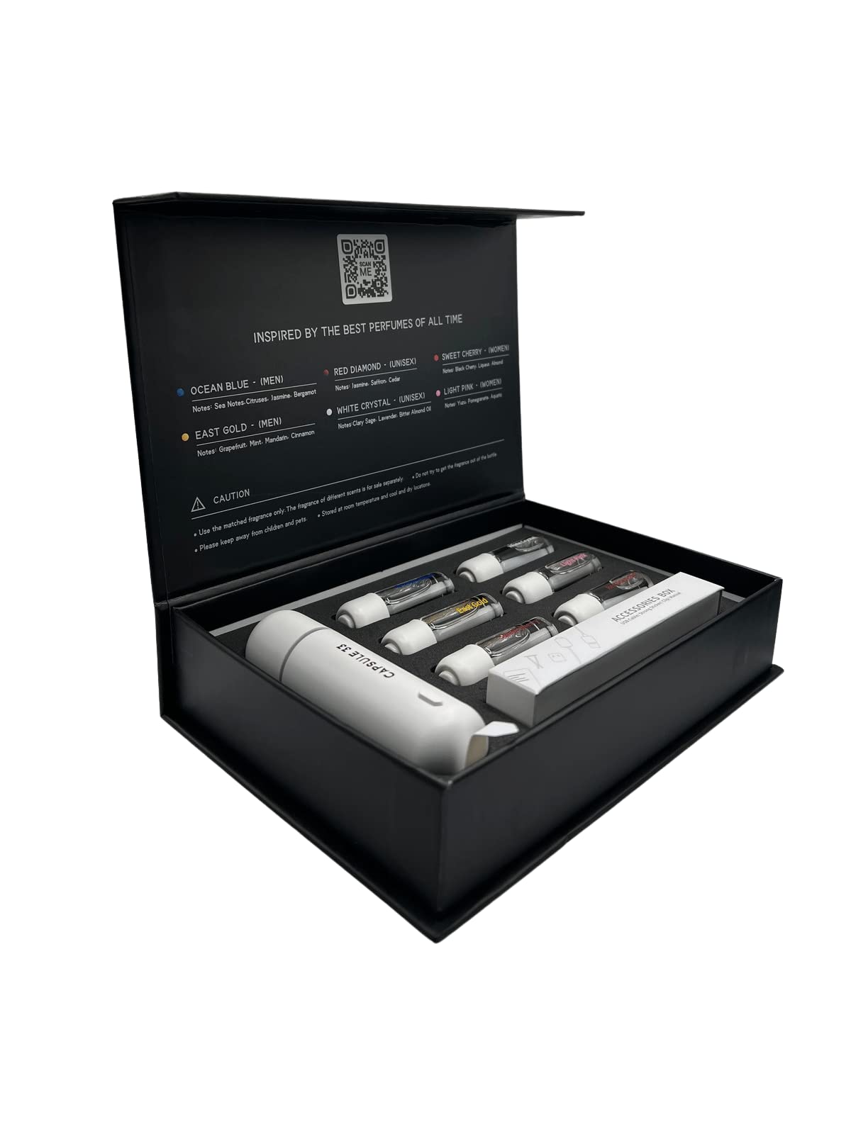 Paquete de iniciación de perfume para coche, ambientador de coche, difusor de aroma ultrasónico, 6 fragancias (cristal blanco, diamante rojo, oro oriental, azul océano, cereza dulce, rosa