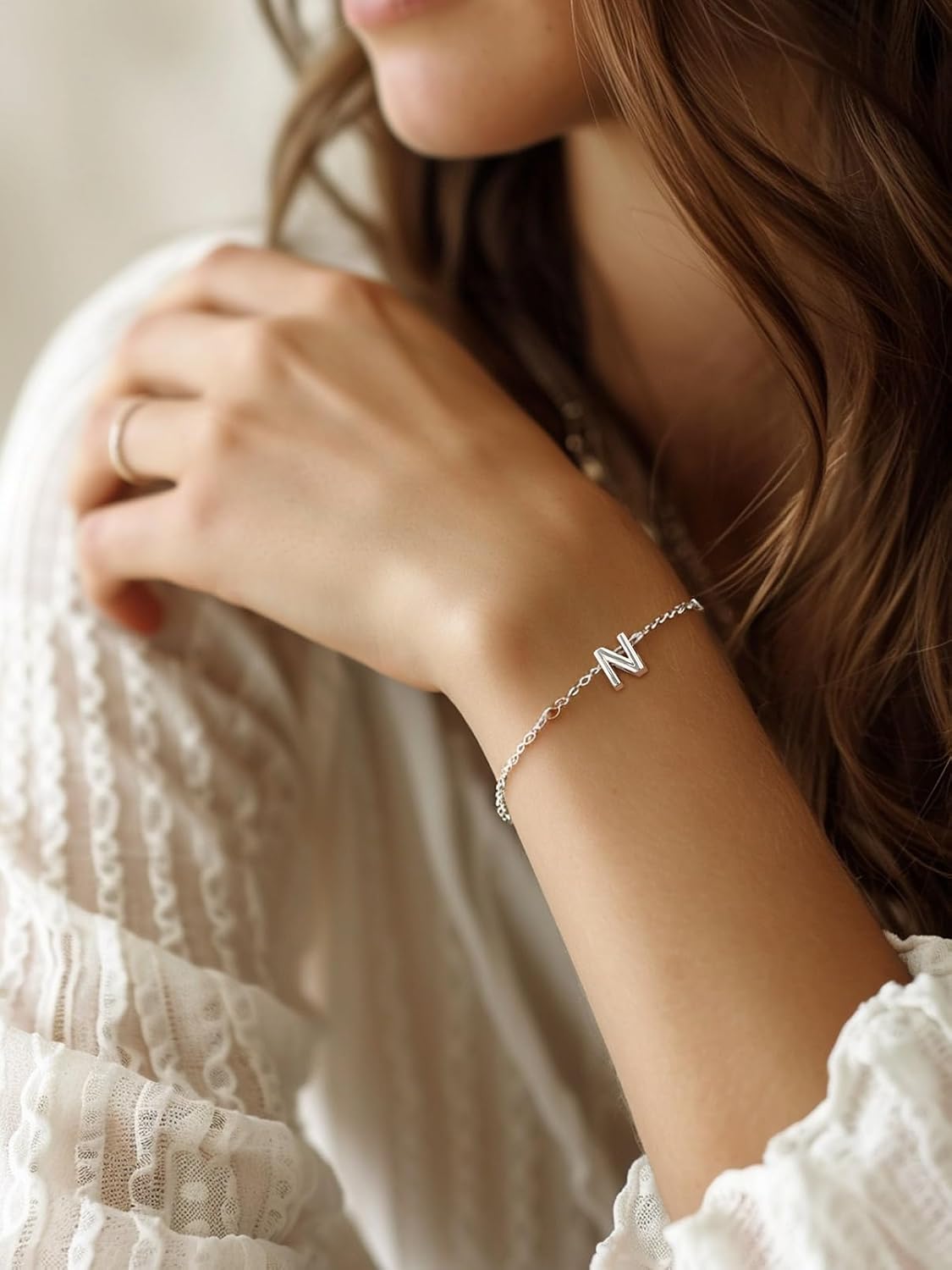 Silvora S925 Sterling Silver Initial Letter Bracelet - A to Z, 6.3" + 2" Adjustable Personalized 26 Alphabet Jewelry Initial Bracelet for Women