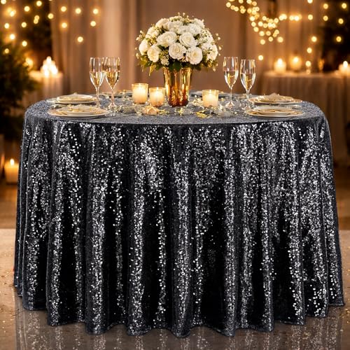 Image of B-COOL Black Sequin Tablecloth Parties Decor: Round Sequin Overlay Shimmer Fabric for Halloween Table Setting Buffet Graduation Party 120 Inch