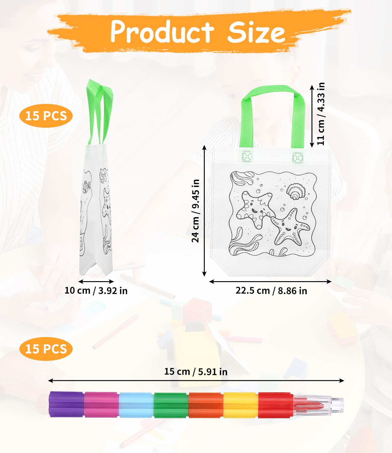 Rwbimti Sacchetti di stoffa da dipingere per bambino, 16 retrattili e pastelli a cera impilabili (12 colori in 1)sacchetto regalo di compleanno