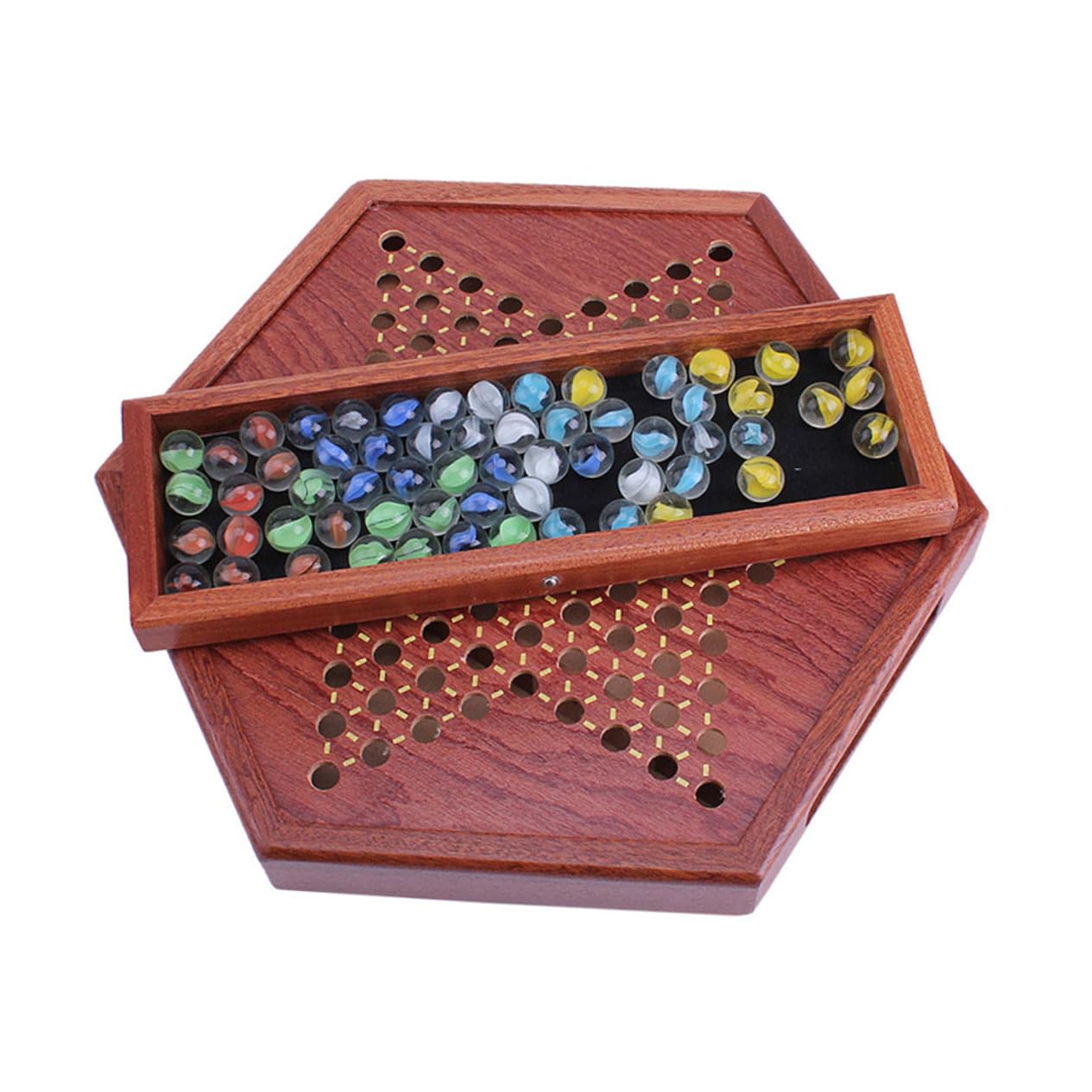 BESTonZON Gioco Cinese in Legno Naturale con Biglie di Vetro Colorate Scacchiera Esagonale con Cassetto per Adulti Gioco Strategico da Tavolo per Famiglie