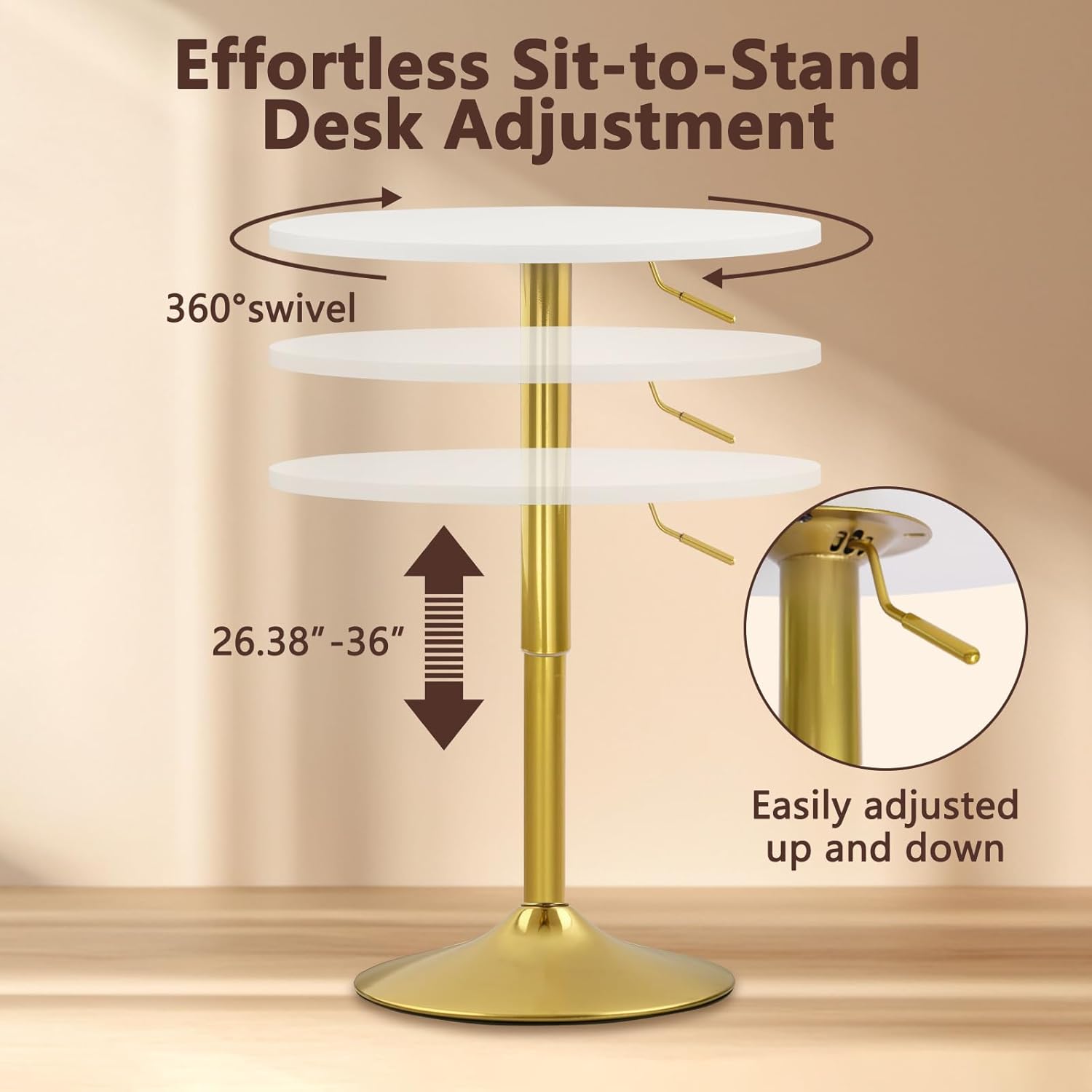 CLATINA Round Bar Table, Height Adjustable 26"-36" Bistro Pub Table with Gold Metal Base, 360° Swivel High Top Cocktail Table for Kitchen, Home, Restaurant, Cafe, Wedding, Party, Reception, White