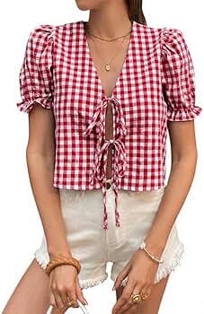 Amazon.com: lluviacida Women's Gingham Crop Top Puff Sleeve V-Neck
