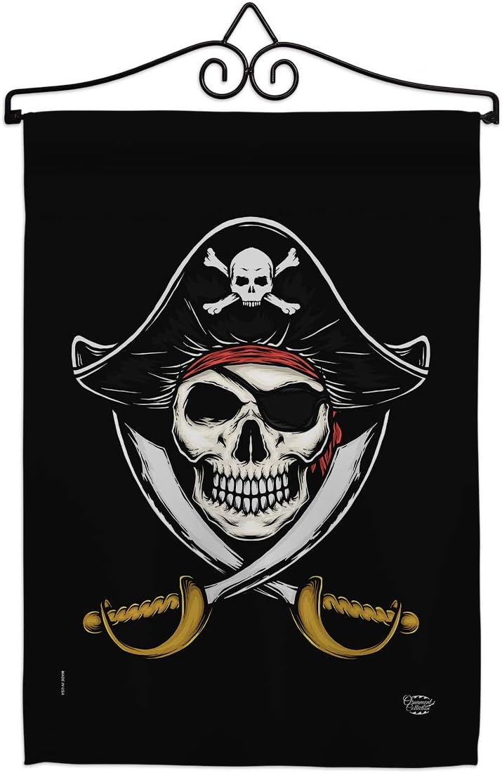 Pirates Garden Flag Set Wall Hanger Coastal Pirate Ship Skull Treasure Map Carribean Jolly Blackbeard Jack Small Decorative Gift Yard House Banner Made In USA 13 X 18.5