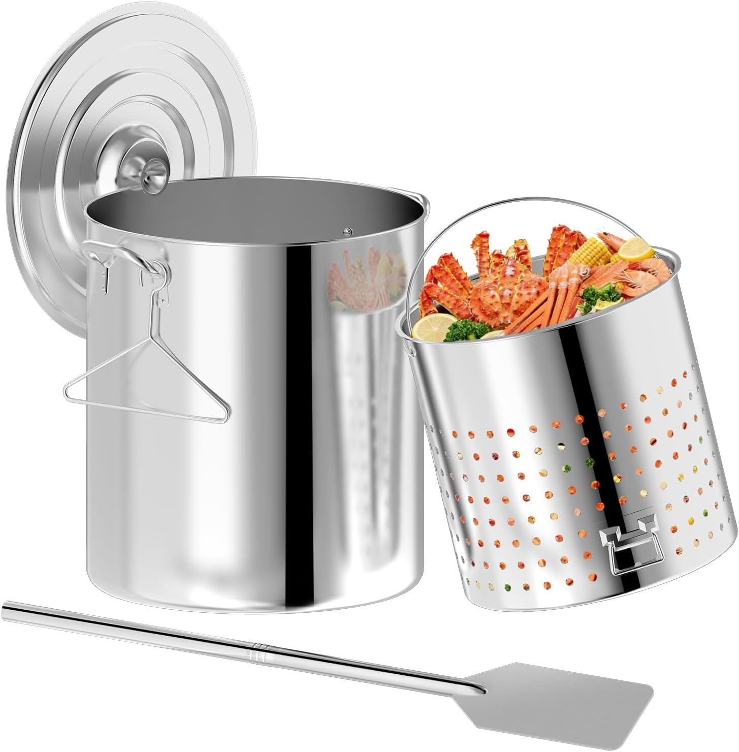 60QT Stainless Steel Seafood Boil Pot | 32" Detachable Mixing Paddle & 40QT Strainer Basket Included | Crawfish Crab Lobster Shrimp Boiler | Outdoor Stock Pot for Large Batch Cooking