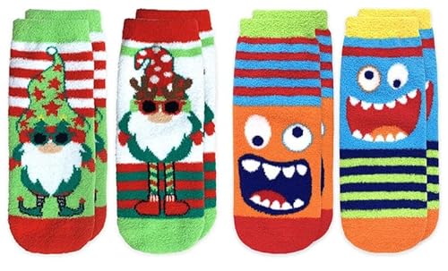 Jefferies Socks Boys Fuzzy Holiday Gnome Monster Stripe Non-Skid Slipper Socks 4 Pair Pack (Multi, X-Small)