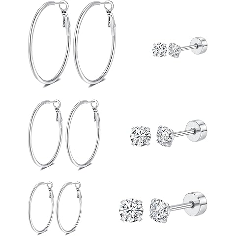 14k Gold Plated Surgical Steel Hoop Earrings Flat Back Stud Earrings Set for Women ...