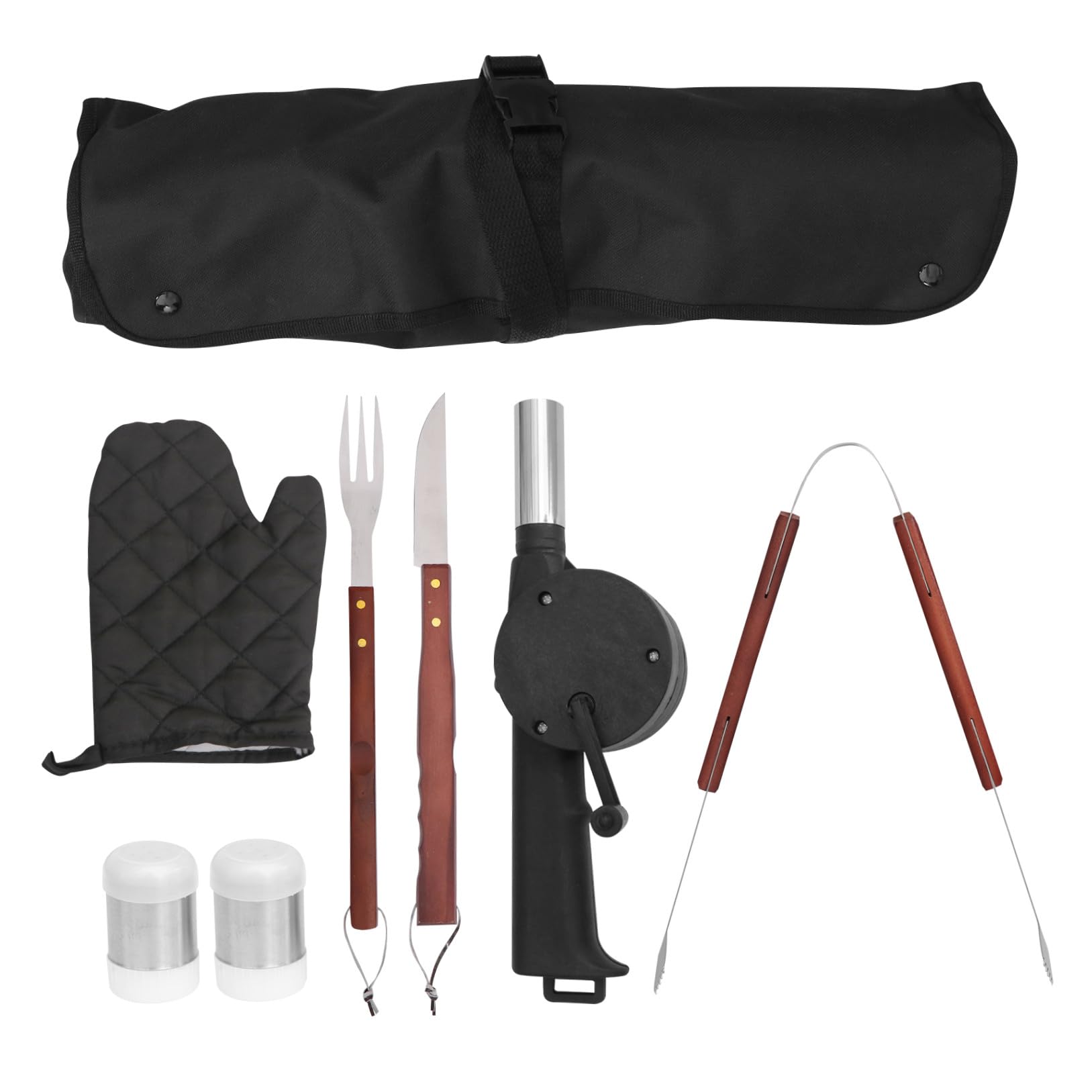 SHINEOFI Juego de Utensilios para Barbacoa 8 Piezas Mango de Madera Acero Inoxidable Delantal de Barbacoa Negro Accesorios Multifuncionales para Exterior Camping y Parrilla al Aire