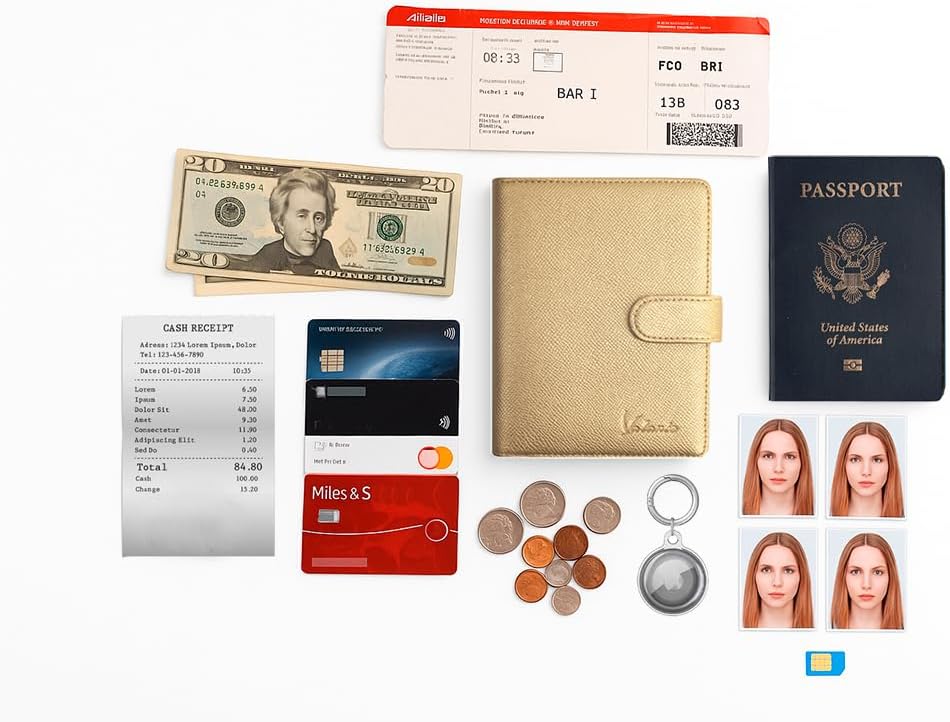 Valante 3-fold RFID AirTag travel passport wallet with 21 pockets and card slots (Gold, 6 * 4 inch)