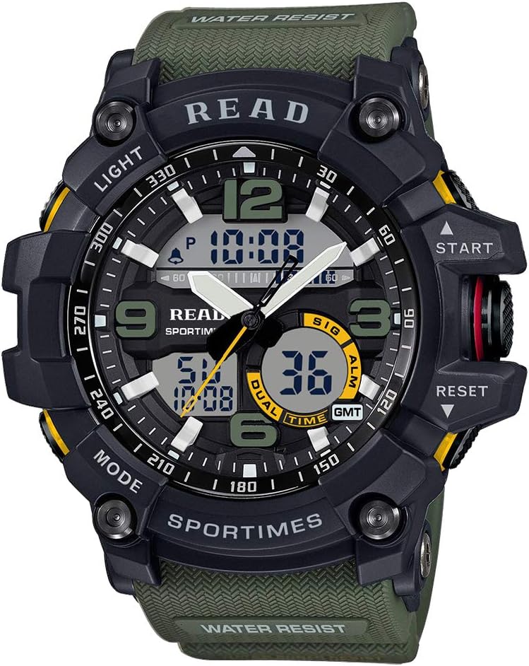 READ GMT Digital Watch, Military Style Multifunctional Shockproof 3 ATM Waterproof Analog-Digital Sports Watch with Alarm Stopwatch Calendar Tachymeter and LED Back Light in Silicone Strap for Men