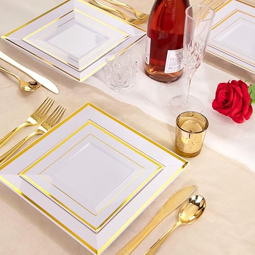 Miniatura 3 de WDF Vajilla de125 piezas de plástico desechable platos cuadrados con borde dorado 25 platos extendidos, 25 platos de ensalada, 25 tenedores, 25