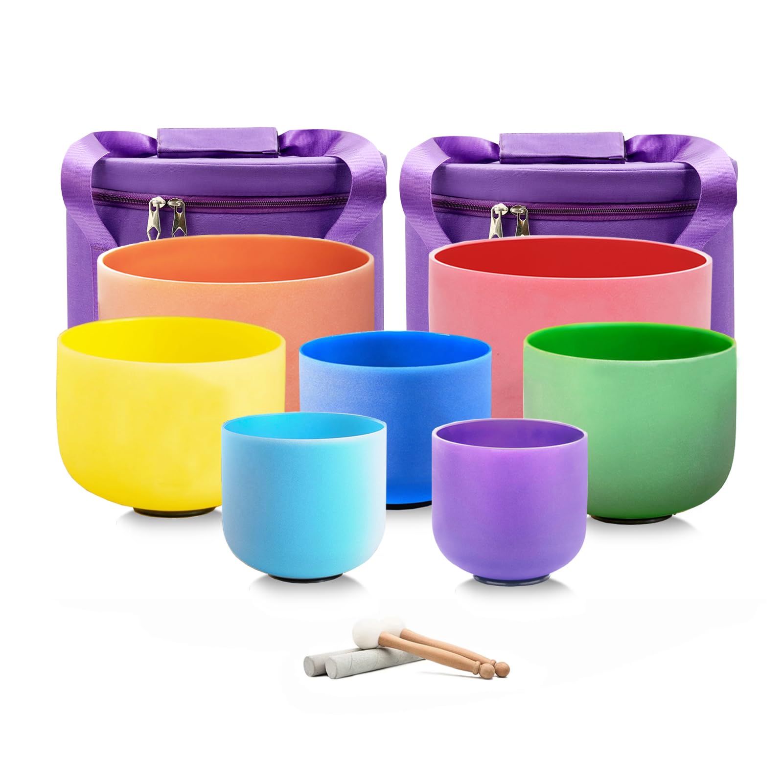 Hye-eun Set di campane tibetane in cristallo, 432 Hz, 17,8 - 30,5 cm, 7 toni A, B, C, D, E, F, G, 7 colori, chakra, con borsa per il trasporto, per meditazione, terapia del suono, musica, terapia