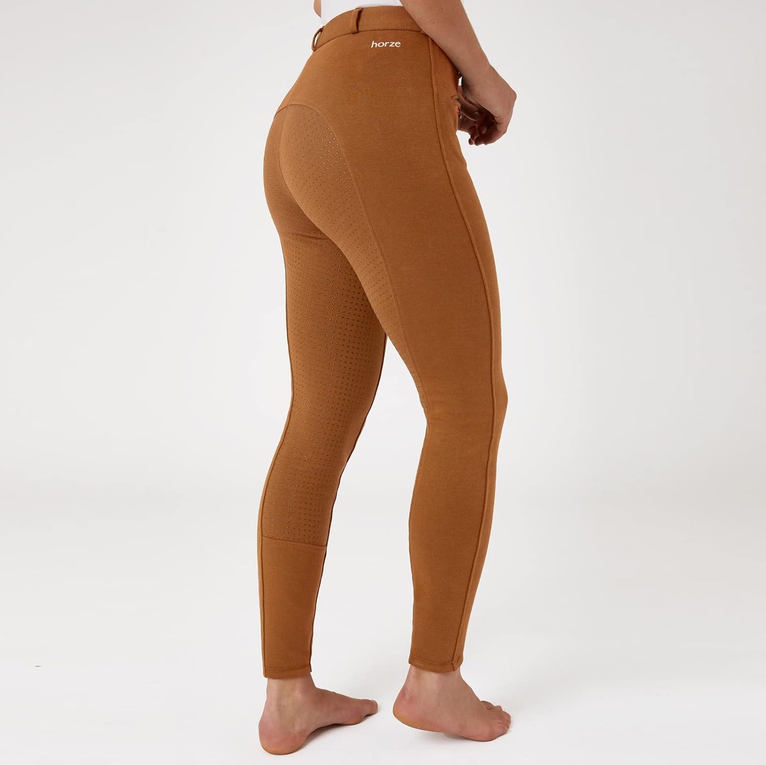 HORZE Active Women's Horse Riding Silicone Grip Full Seat Breeches | Midrise Waist with Front Pocket - Caramel Cafe - 22