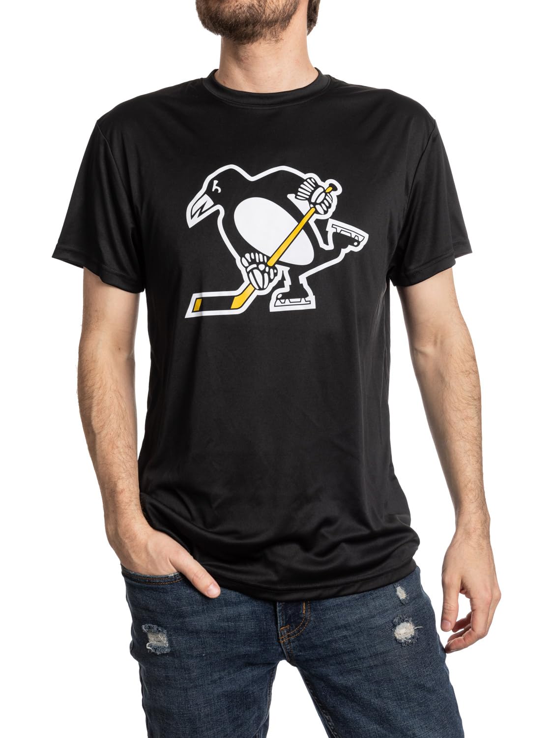 Calhoun Men's Pittsburgh Penguins Nhl Alternate Team Logo Moisture Wicking Performance Rashguard Short Sleeve T-Shirt, Large