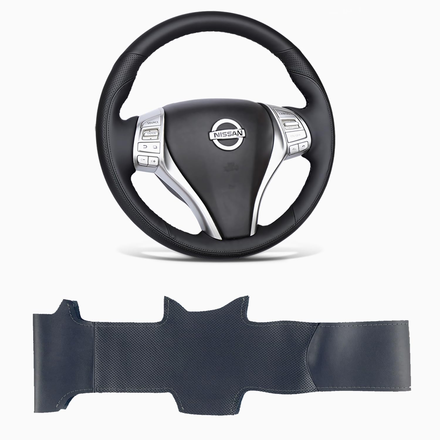 aohuaHand-Sewing Steering Wheel Wrap Cover Black Perforated Leather Wrap Interior Protection Accessories for Nissan Rogue X-Trail Altima 2013-2017/TIIDA 2016-2024/Tunda Navara 2017-2019 (All Black)