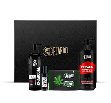 Beardo Special Body and Hair Care with Gift Box (Charcoal Bodywash,Beard & Hair Growth Oil,Hemp Soap,Keratin Shampoo)