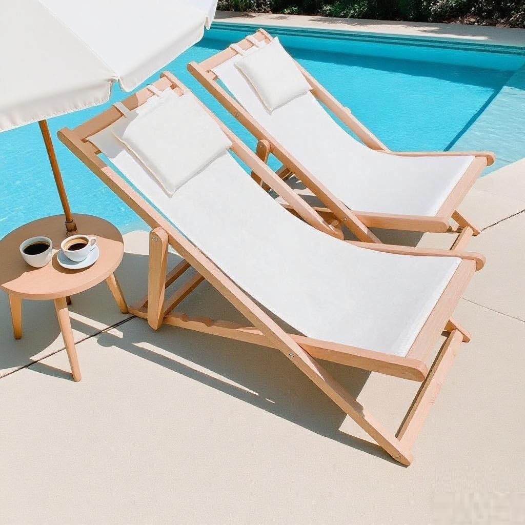 2 chaises Longues en Bois avec Toile réglable pour la Plage ou la Piscine