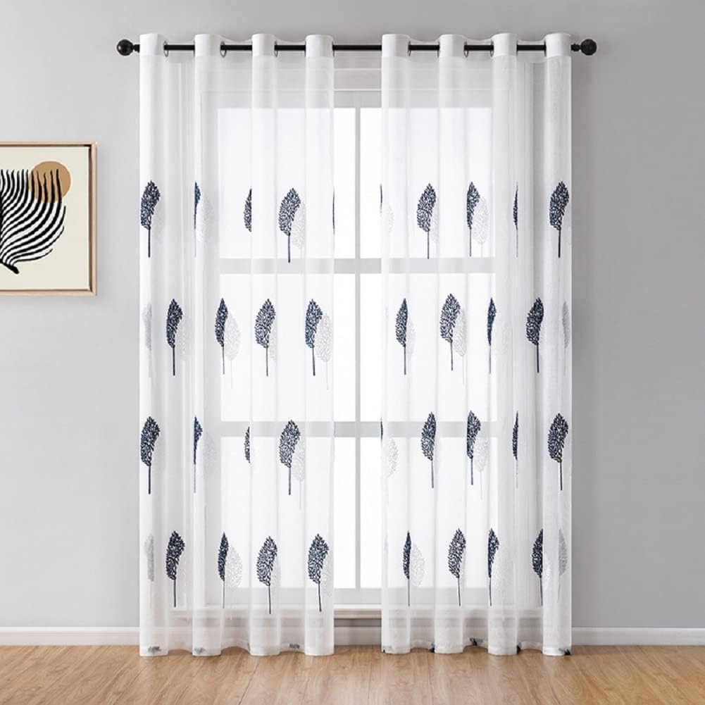 HooHero European Style Two-Color Leaves Pattern Embroidered Sheer Curtains Voile Curtain Rod Pocket for Living Dining Room Bedroom Bay Window(2 Panels, W 54 x L 84 inch, Deep Blue)