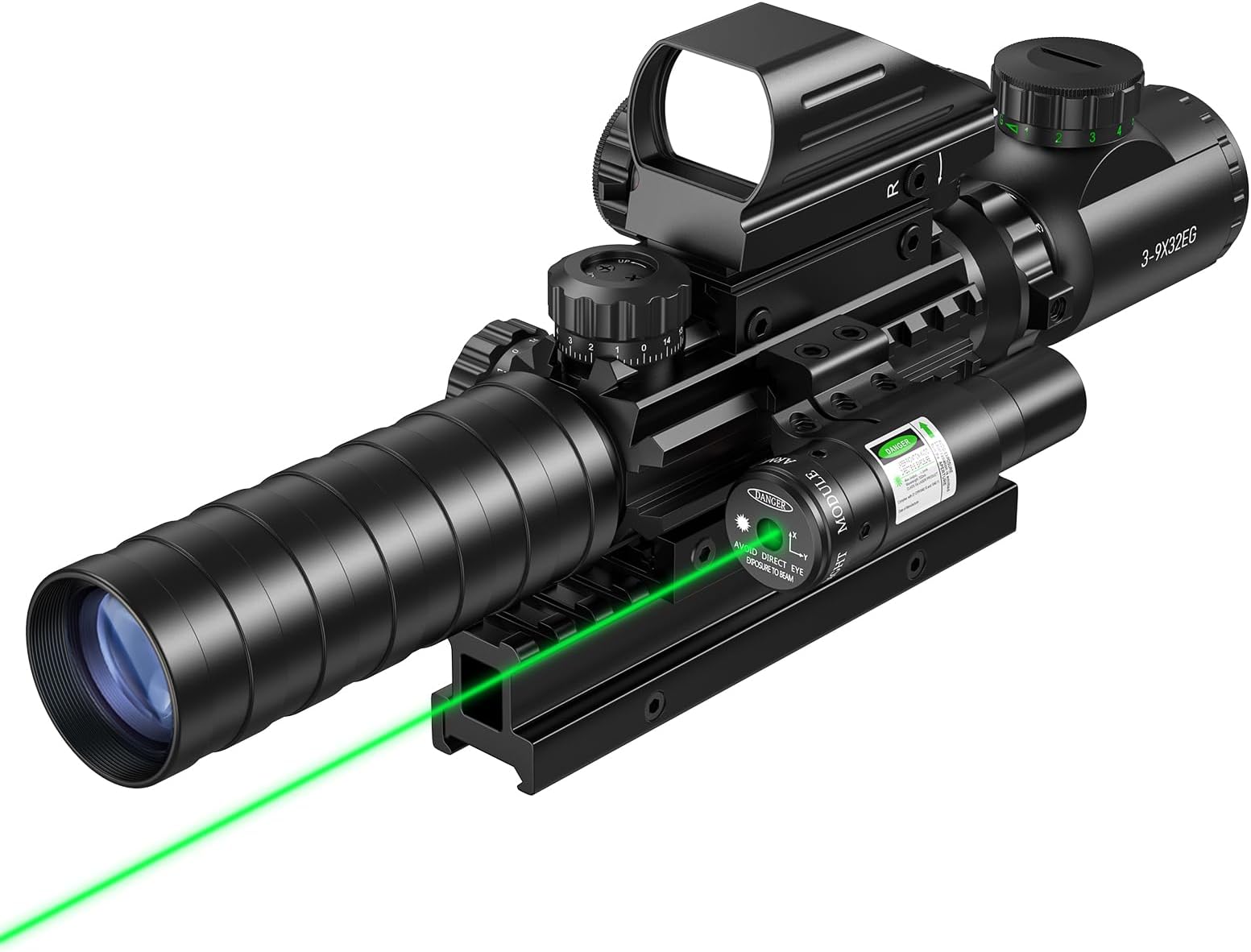 MidTen 3-9x32 Scope Combo with Dual Illuminated Scope Optics & 4 Holographic Reticle Red/Green Dot Sight & IIIA/2MW Laser Sight Rangefinder Illuminated Reflex Sight & 20mm Mount