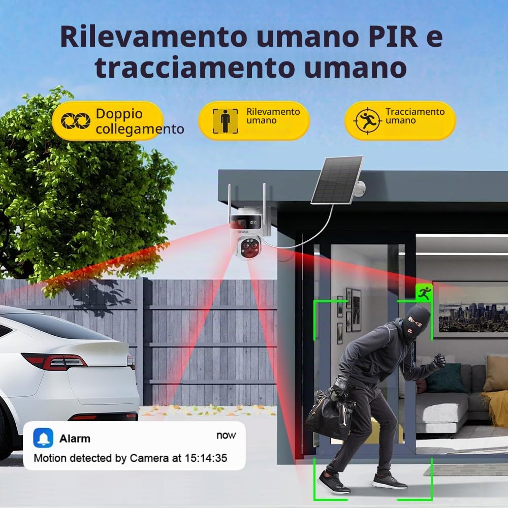 SHIWOJIA Telecamera con SIM Esterno Solar, 2K 4MP 360° PTZ 2K 4MP Telecamera di Sorveglianza con Doppio Obiettivo e Doppio Schermo,15X Zoom, Night Visione, Audio a 2 vie, Rilevamento del Movimento