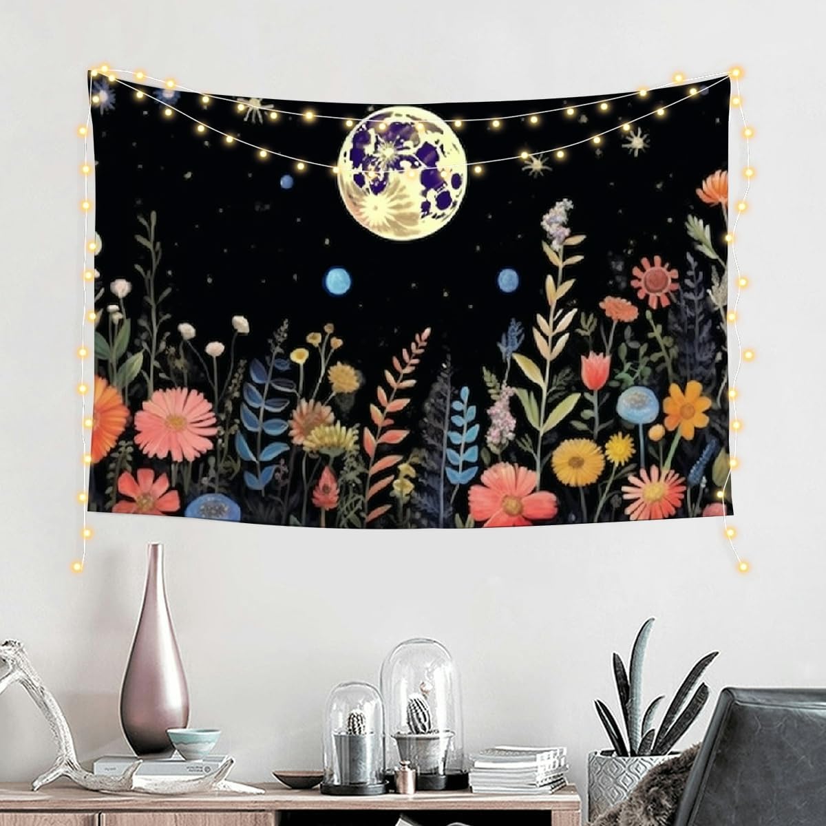 KANXLAN Moon Flowers Night Sky Wall Hanging Tapestry Blanket for Bedroom Dorm Living Room Decoration Polyester Wrinkle-Resistant Washable Art Decor 60 * 40in