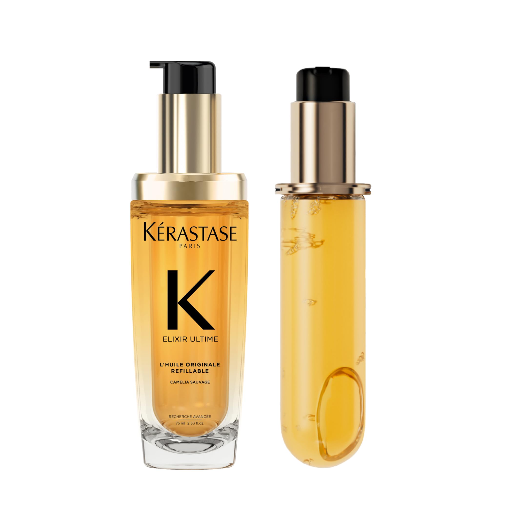 KÉRASTASE Elixir Ultime, Huile Originale y Recarga, Aceite capilar embellecedor multiusos, Tratamiento termo-protector sin aclarado, Aceites de Camelia, Marula y Argán, Todo tipo de cabello, 2 x 75 ml