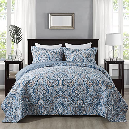 NEWLAKE Cotton Bedspread Quilt Sets-Reversible Patchwork Coverlet Set, European Grey Floral Pattern, King Size