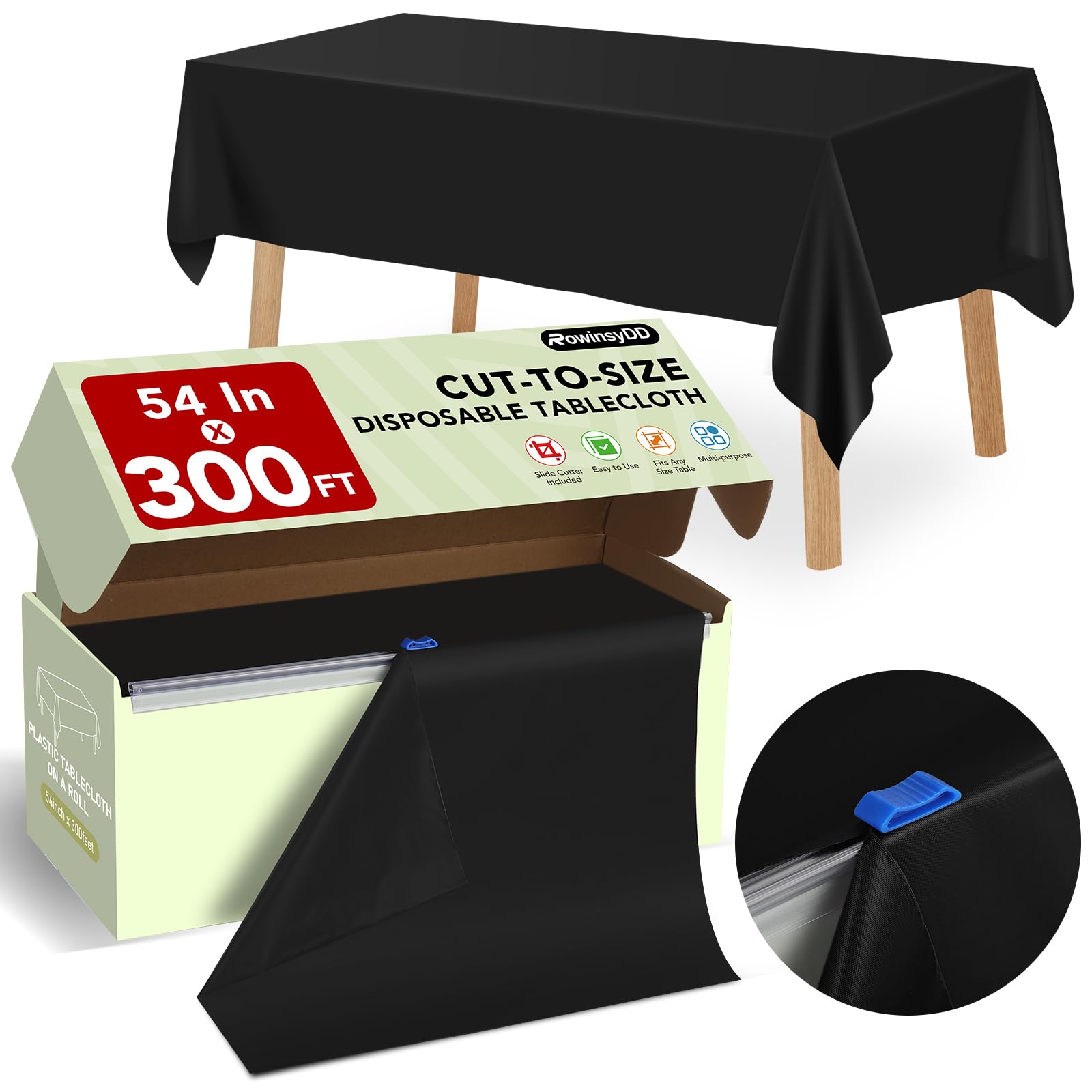 54 in X 300 FT Black Plastic Table Cover Roll with Slide Cutter，Cuts Up to 36 Rectangle 8 Feet Disposable Plastic Table Cloths，Disposable Table Cover Roll for Dinning，Parties，BBQ，Wedding，Outdoor Black 9144 x 137.2 cm (Rectangular)