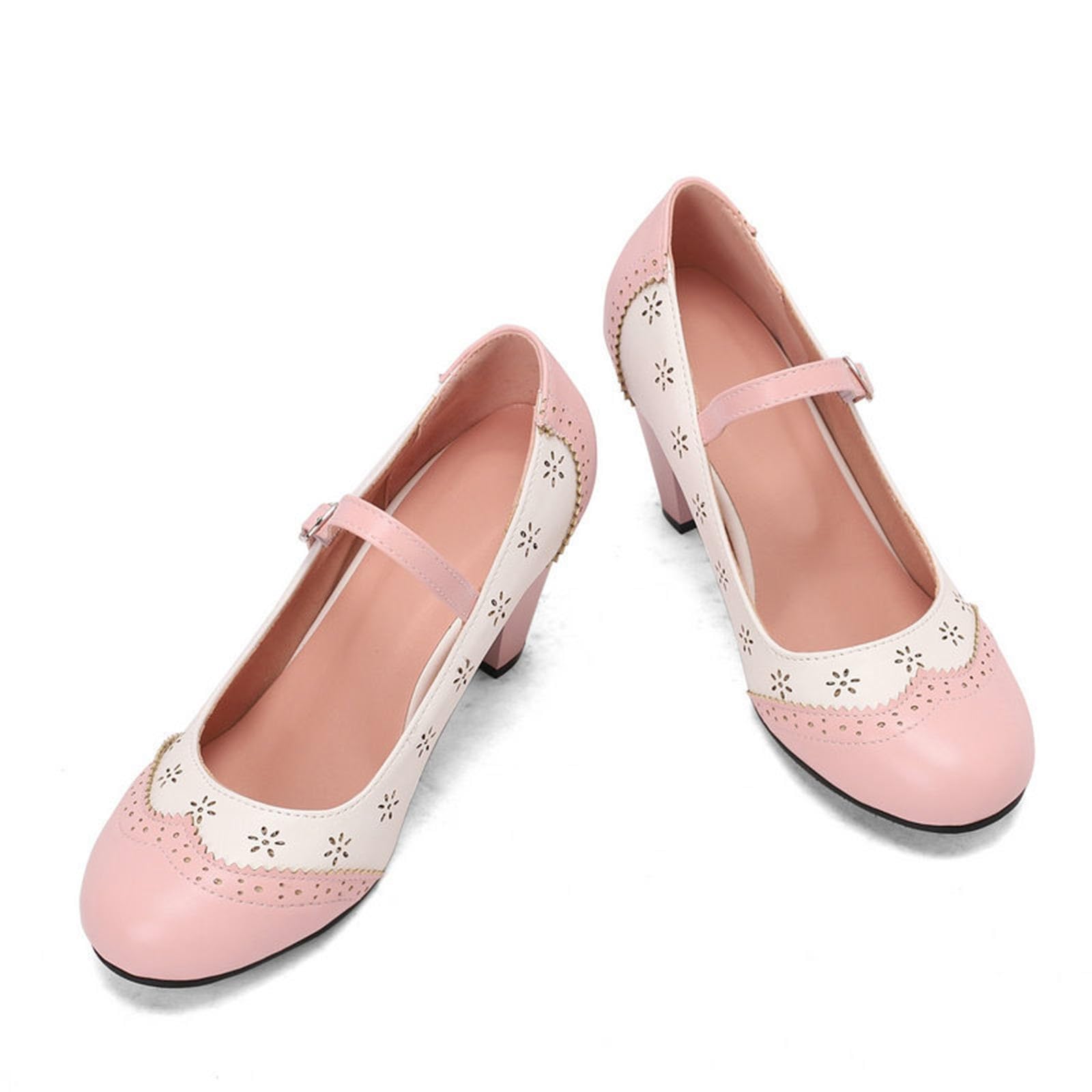 Trachtenschuhe Damen Chunky Absatzschuhe Elegant Pumps High Heels mit runder Zehenpartie perforiertem Blockabsatz und Knöchelriemen zweifarbige Schuhe für Oktoberfest Karneval Party