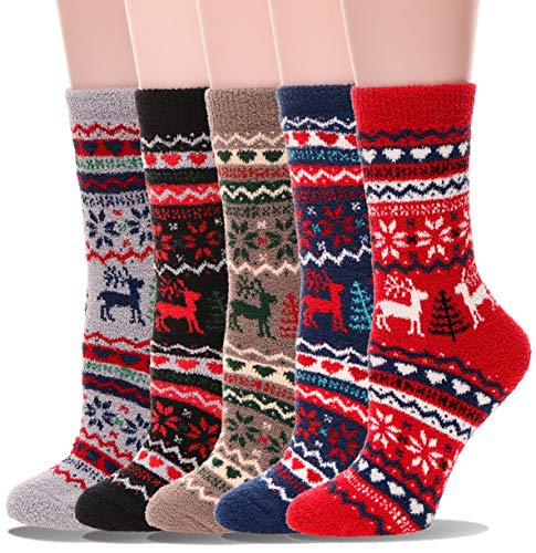 Womens Girls Fuzzy Socks Slipper Socks Soft Cabin Warm Cute Cozy Fluffy Stocking Stuffers Winter Christmas Slipper Socks?Deer(5 Pairs)?