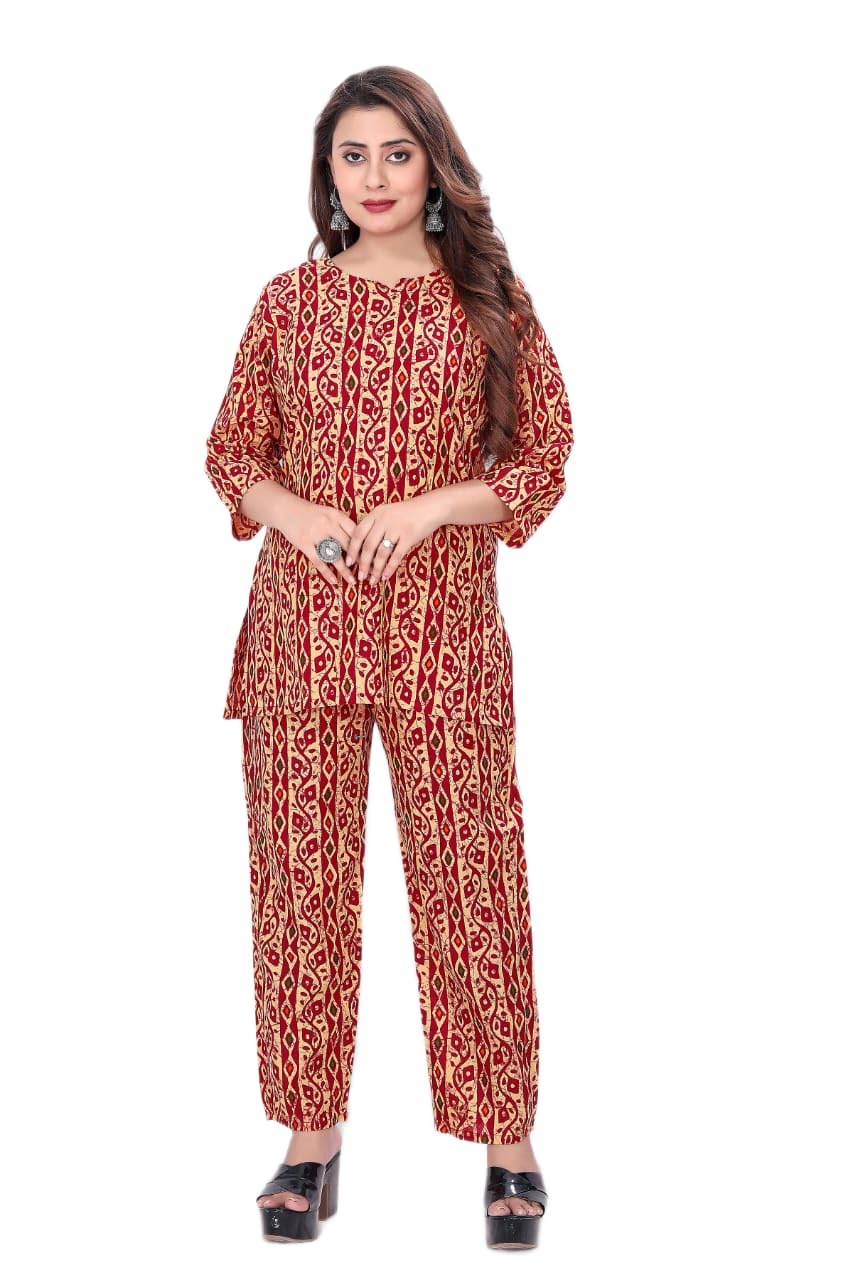 Women's Cotton Co-ord Set, Red & Beige Ikat Print, 3/4 Sleeve Top with Matching Palazzo Pants-picture-20