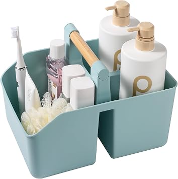 rejomiik Plastic Shower Caddy, Portable Basket with Bamboo Handle, Blue
