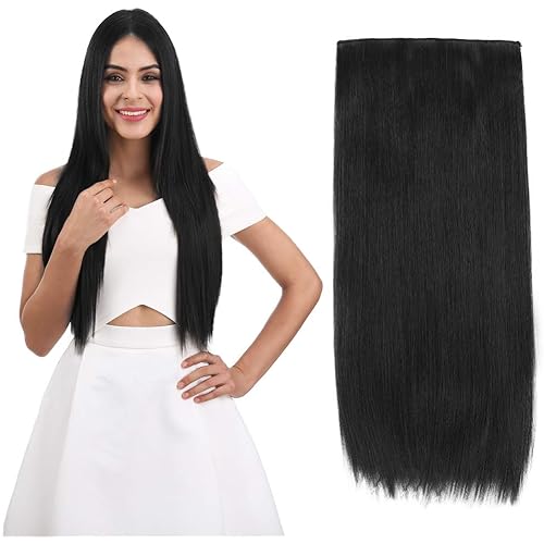 REECHO 24" Straight Clips in hair extensions Clips on HE008 Hairpieces Synthetic Hair Extensions for Women 5 Clips per Piece - Natural Black