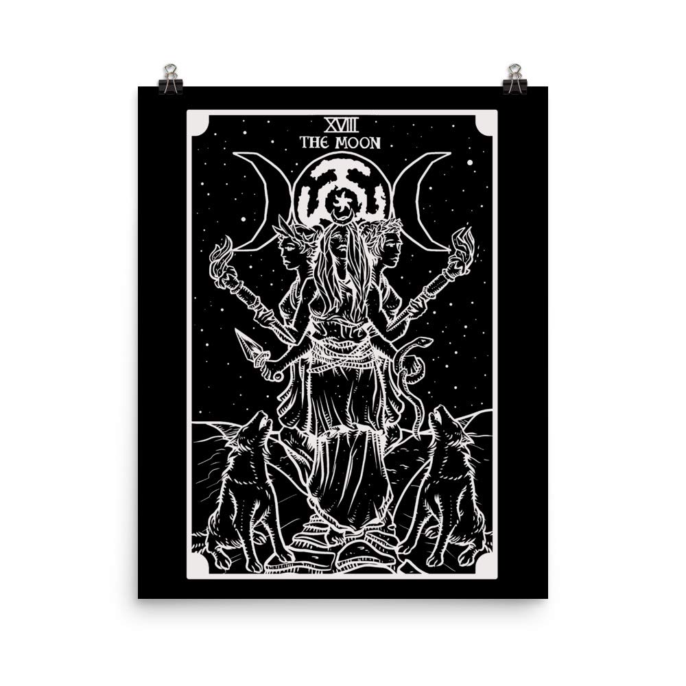 The Goddess Hecate Tarot Card Poster (Black & White) - Triple Moon Goddess Hekate Triformis - Pagan Witch Wall Art Home Decor (16" x 20")