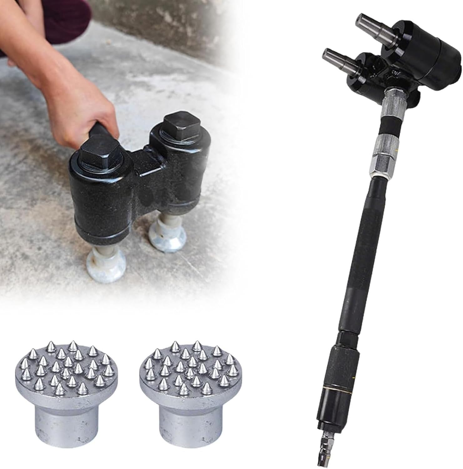 Double Head Pneumatic Bush Hammer, Long Handle Scabbling Hammer, 9/12/18/24 Tooth Counts, 2×2100bpm High Frequency, 6-8 M²/h Efficiency, for Stone Surface Finishing, Concrete Texturing(12)