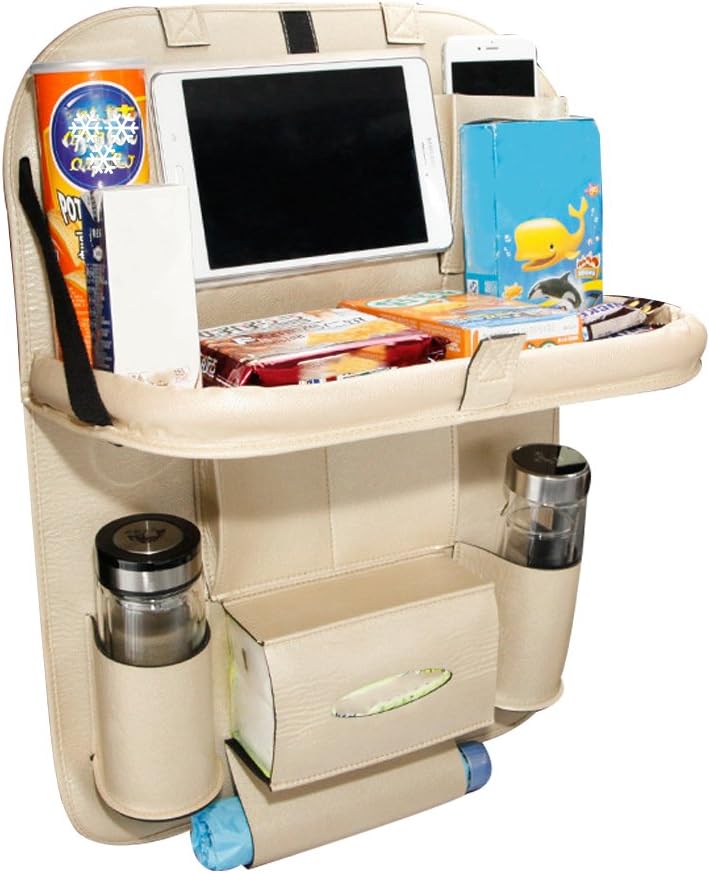 HOOPEN Car Back Seat Organizer with Tablet Holder and Folding Table Multi-Pocket Travel Storage for Bottles, Napkins, Phones and Journals Made of PU Leather (Champagne)