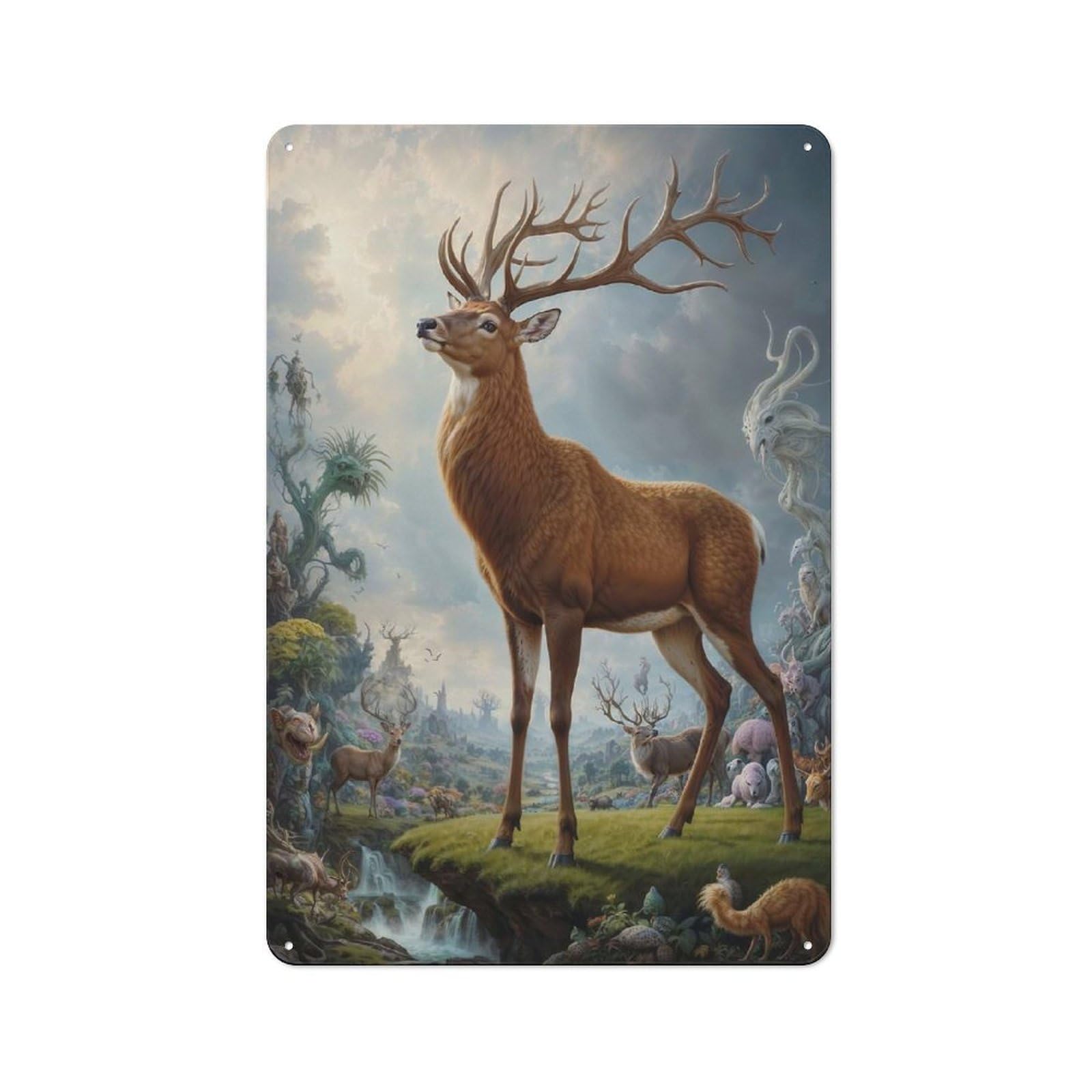 Junmoney Fantastical Deer Encounter Workshop Style Metal Wall Sign 30X20cm, Industrial Wall Art For Workshop, Basement, Shed Or Games Room