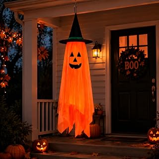 Sponsored Ad - Baboea Halloween Decorations Ghost Hanging Ornaments: 39.4 Inch Foldable Cloth Witch Hat Ghost Decor With L...
