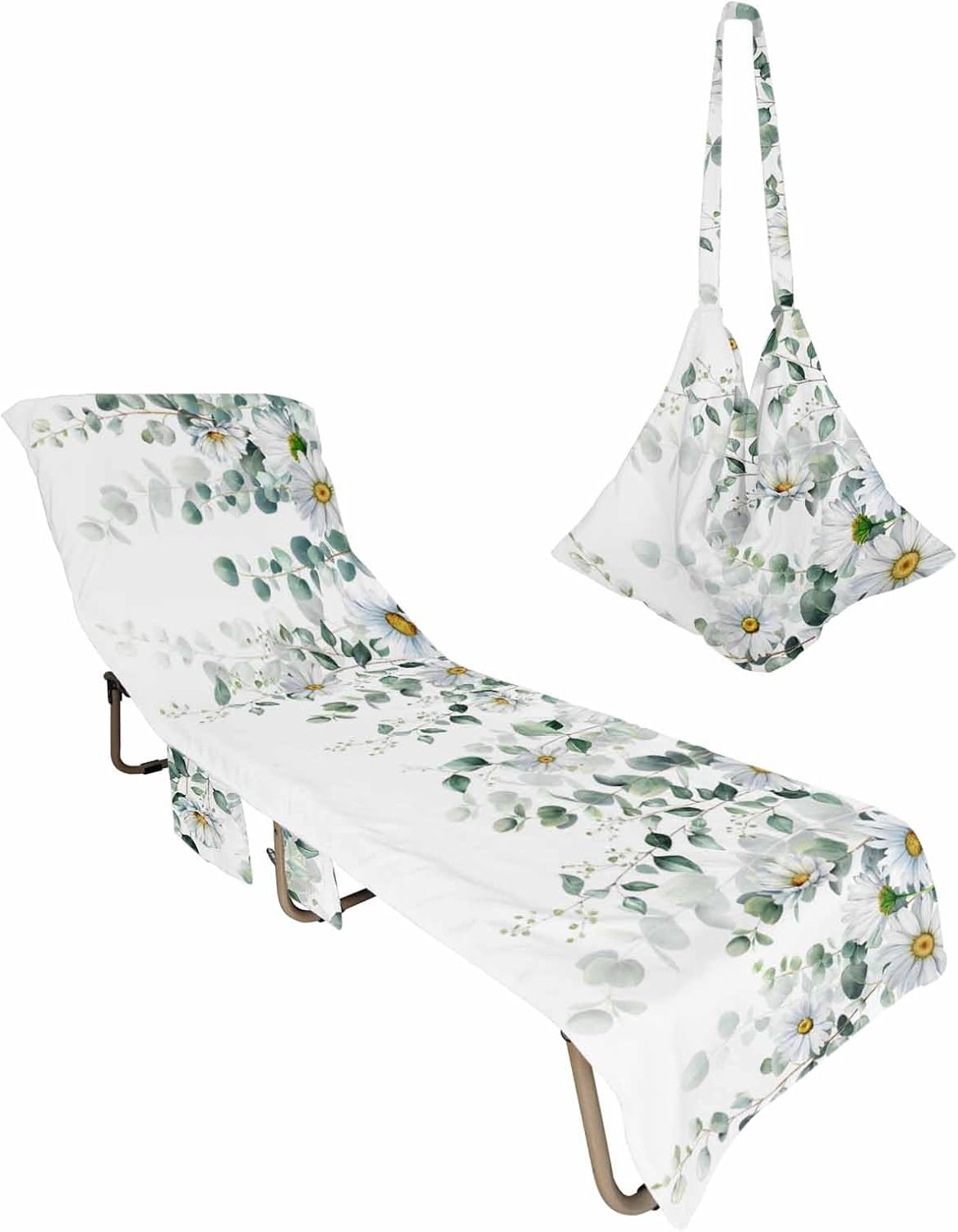 Eucalyptus Leaves Daisy Flower Beach Pool Patio Lounge Chaise Chair Cover Towel With Pockets,Absorbent & Quick Dry Microfiber Towel Cover Bag Summer Accessories Farmhouse Watercolor Leaf Plant