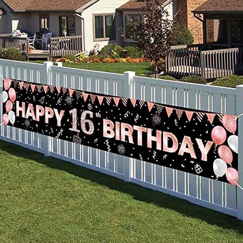 AOLOA 16th Birthday Banner for Girls, Super Large Happy 16th Birthday Party Decorations Black and Rose Gold, Outdoor Birthday Banner Backdrop Background Photo Booth for Sweet Sixteen Birthday Cover
