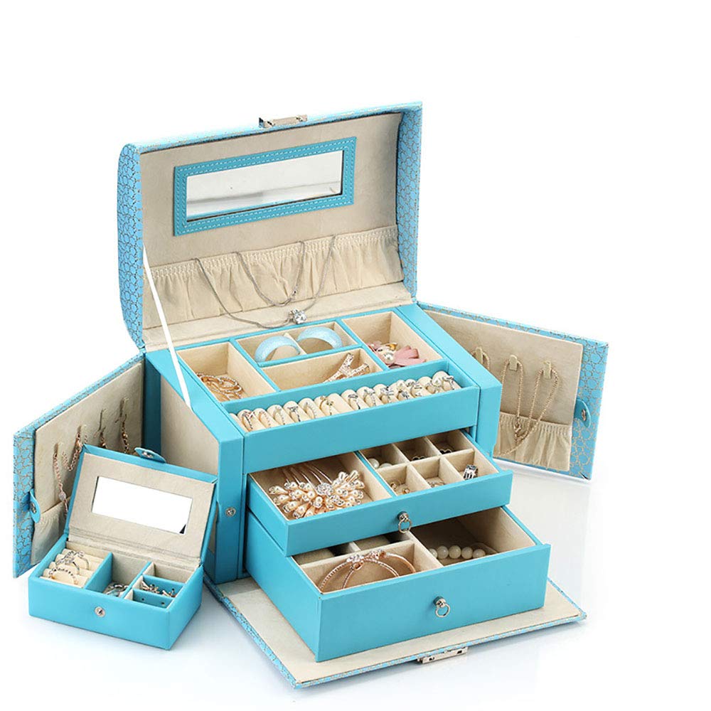Jewelry Cosmetic Storage Boxes Womens Beauty Medium Jewelry Box Faux Leather Jewelry Organizer with Mirror Gift Jewelry Holder