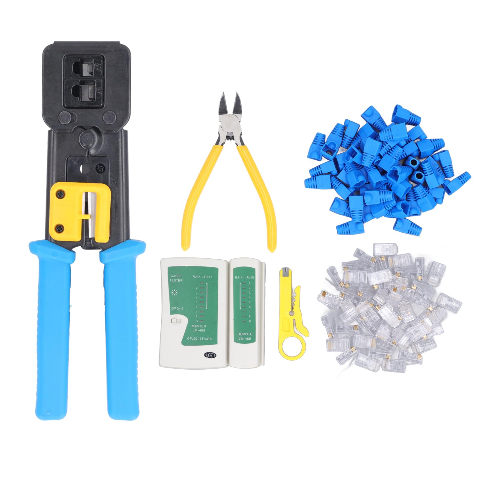 Hyuduo Kit d'outils de Sertissage RJ45, Pinces pour Câbles Réseau en Acier Robuste, Ensemble de Pinces à Sertir avec Testeur pour Câbles Ethernet et Téléphoniques