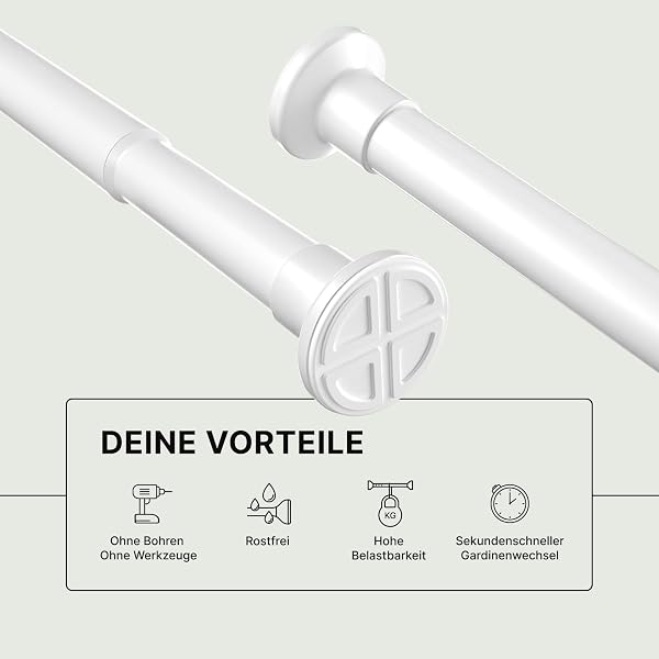 MEISENBERG Gardinenstange ohne Bohren - Weiß, Ø 25 mm - Teleskopstange Vorhang - Duschstange zum Klemmen - Klemmstange für Fenster, Raumteiler und Küche (70-120cm) - 4